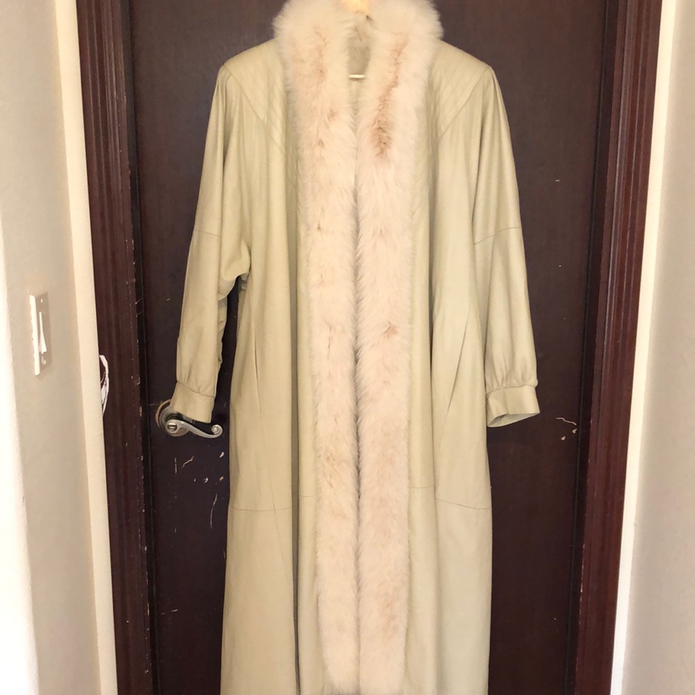 Vintage Full Length Leather Coat with Fox Trim
